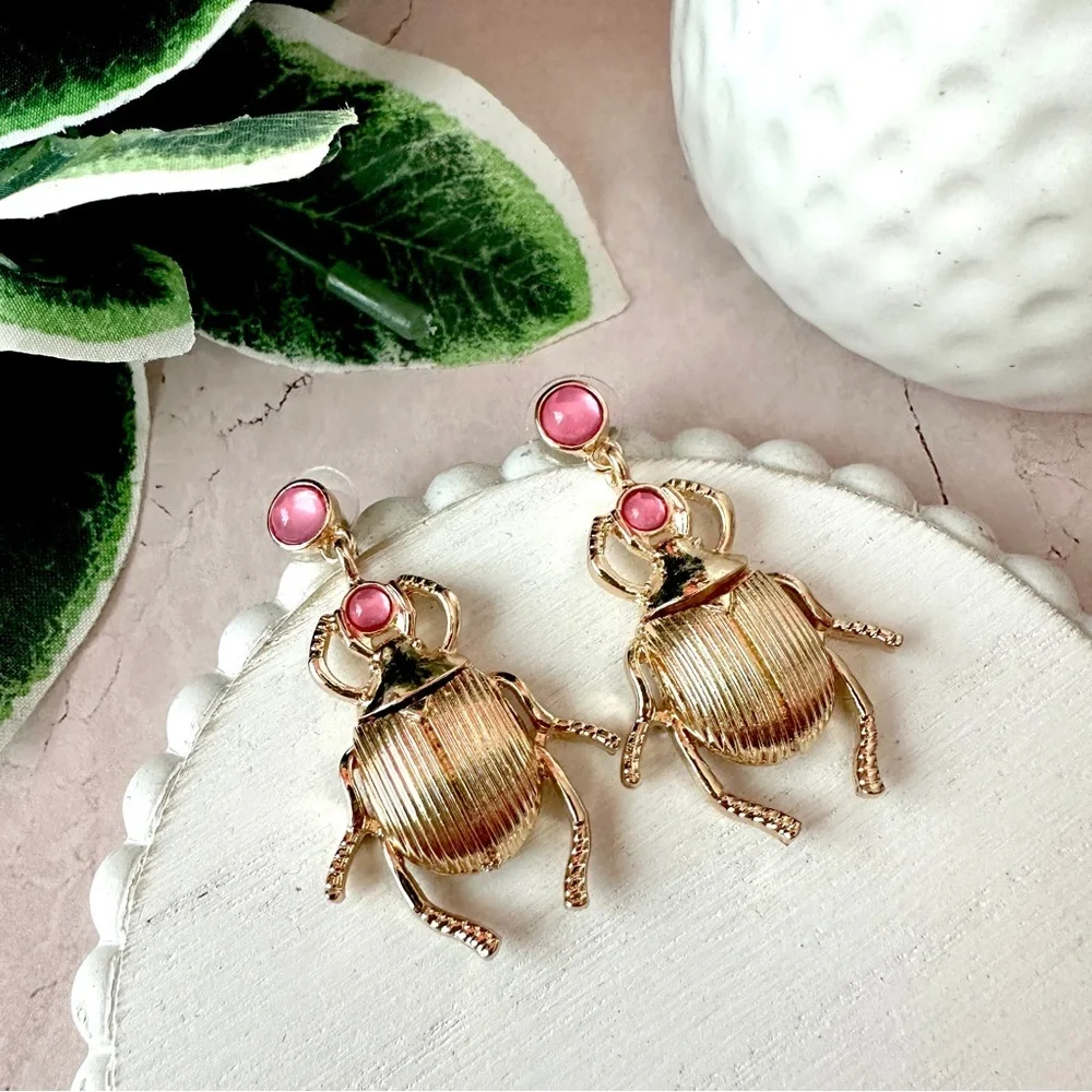2/$30🌵 Egyptian Scarab Beetle Earrings Insect Gold Pink Art Nouveau Bug NEW